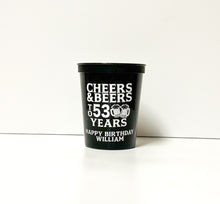 Load image into Gallery viewer, Personalized &#39;Cheers &amp; Beers&#39; Cups 16oz Plastic Stadium Cups
