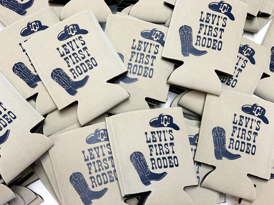 Personalized First Rodeo Neoprene Koozies with Hat & Boot Icons