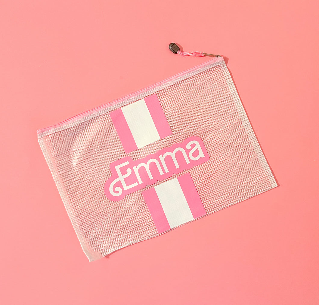 “Barbie Movie Inspired” Personalized Cabana Stripe Waterproof Pouch