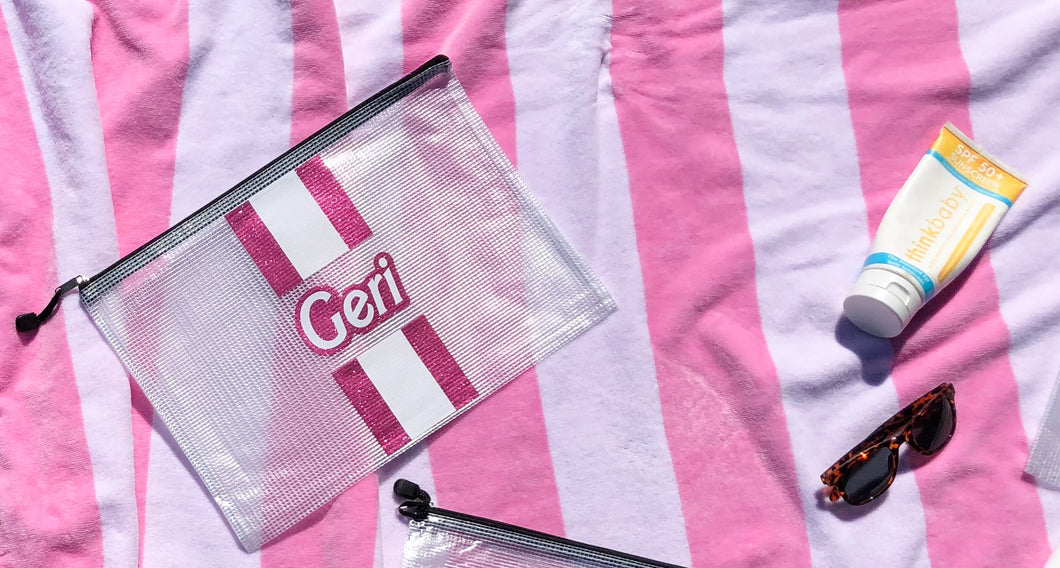 “Barbie Inspired” Monogram Cabana Stripe Waterproof Pouch