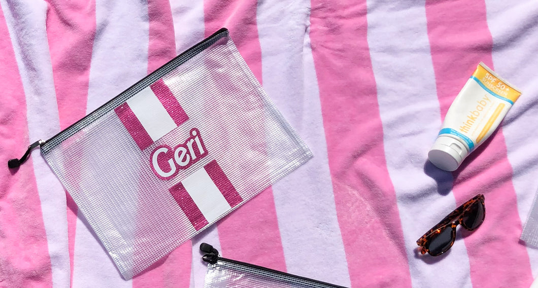 “Barbie Inspired” Personalized Cabana Stripe Waterproof Pouch